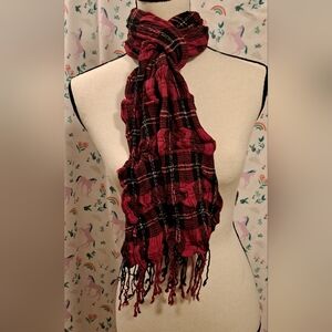 Topaz Black & Red Plaid Viscose Ruched Casual Preppy Scarf Wrap w/ Fringe